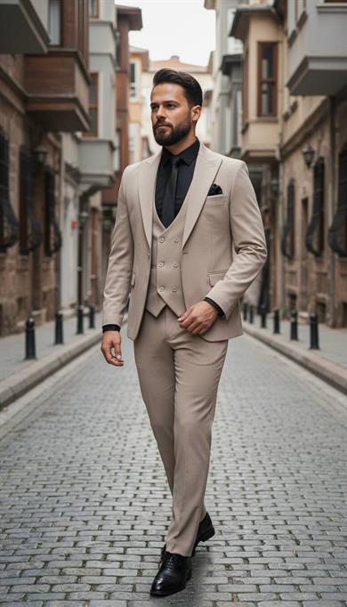 Takım Elbise SlimFit Krem Yelekli SD42315