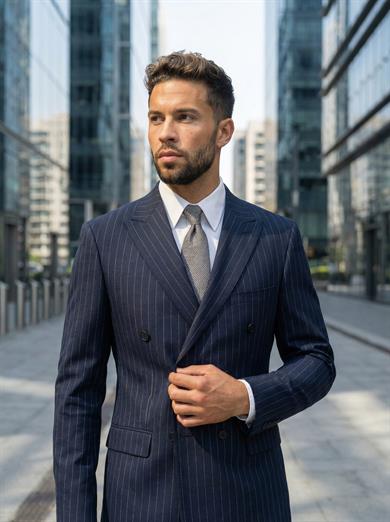 Takım Elbise SlimFit Lacivert Çizgili Kruvaze Premium SD42372