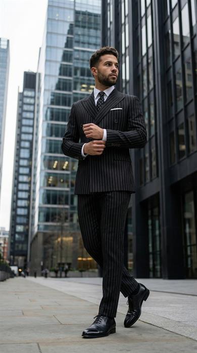 Takım Elbise SlimFit Siyah Çizgili Kruvaze Premium SD42373