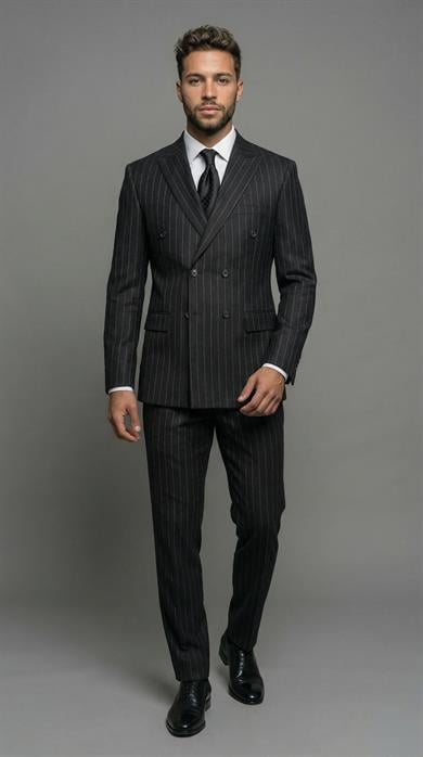 Takım Elbise SlimFit Siyah Çizgili Kruvaze Premium SD42374