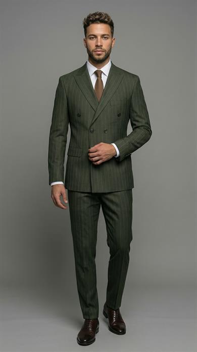 Takım Elbise SlimFit Yeşil Çizgili Kruvaze Premium SD42371