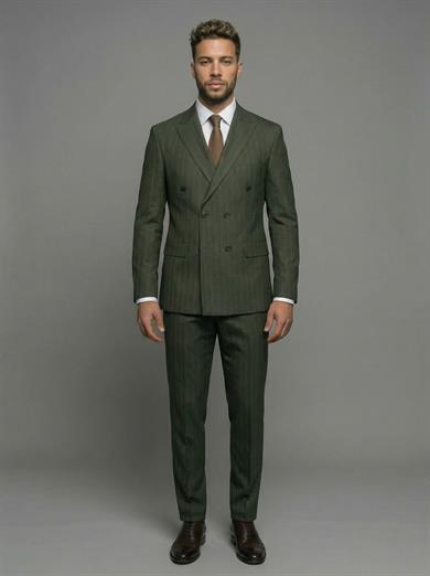 Takım Elbise SlimFit Yeşil Çizgili Kruvaze Premium SD42371