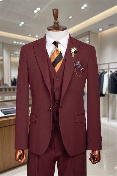 Takım Elbise Yelekli SlimFit Bordo SD42258