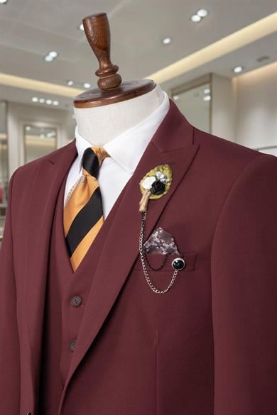 Takım Elbise Yelekli SlimFit Bordo SD42258