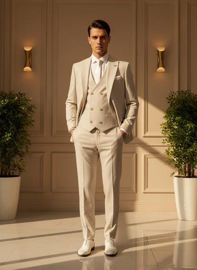 Takım Elbise Yelekli SlimFit Krem SD42224