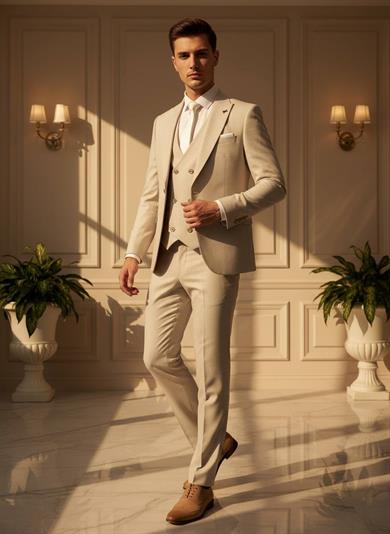 Takım Elbise Yelekli SlimFit Krem SD42224