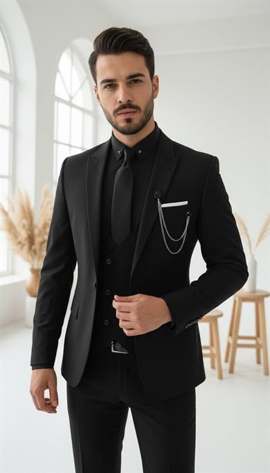 Takım Elbise Yelekli SlimFit Siyah SD42246