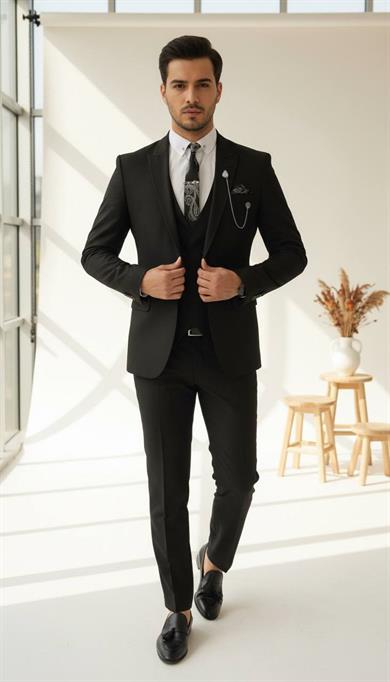Takım Elbise Yelekli SlimFit Siyah SD42247