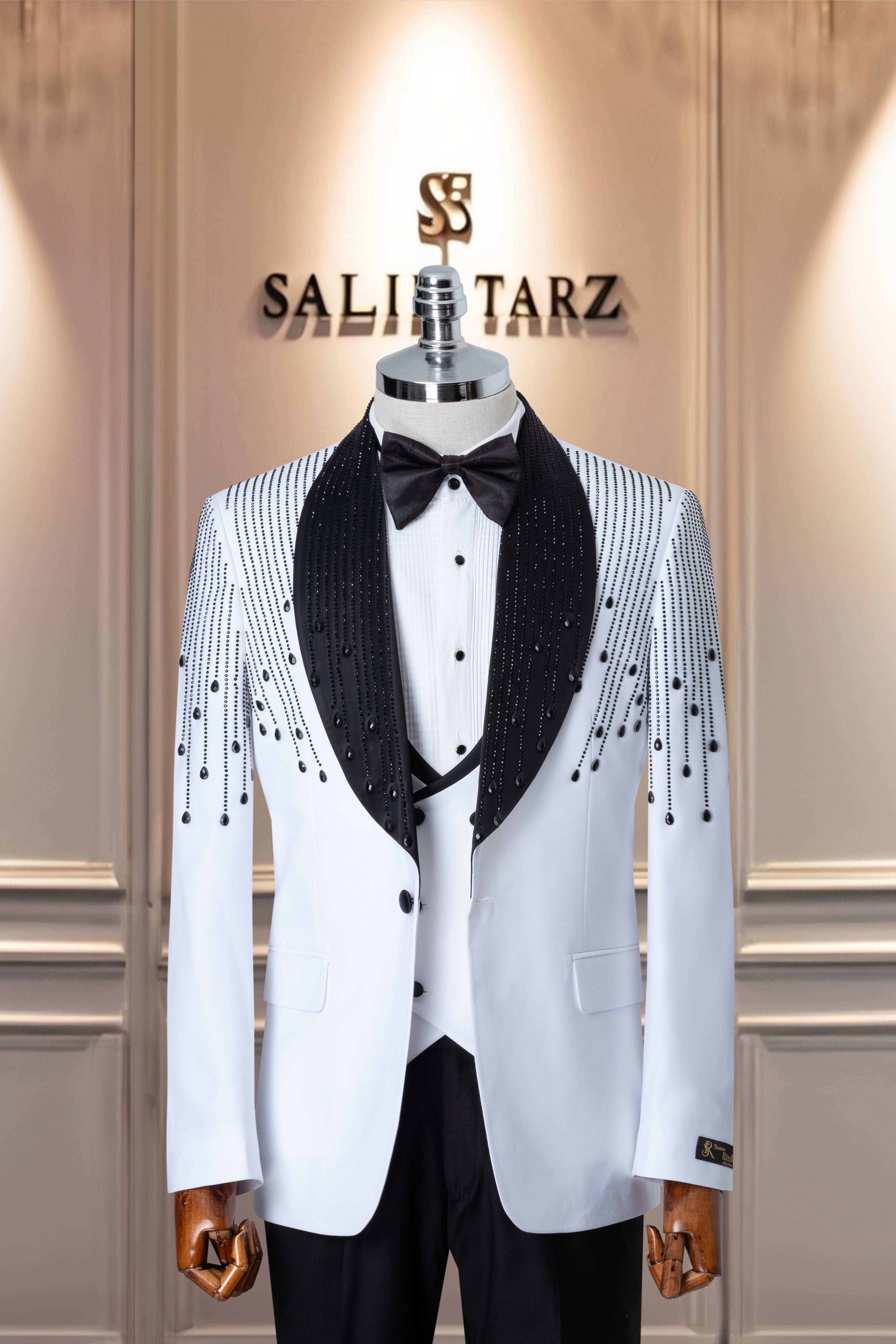 Damatlık İtalyan Kesim Slim Fit Taşlı Beyaz SD41091