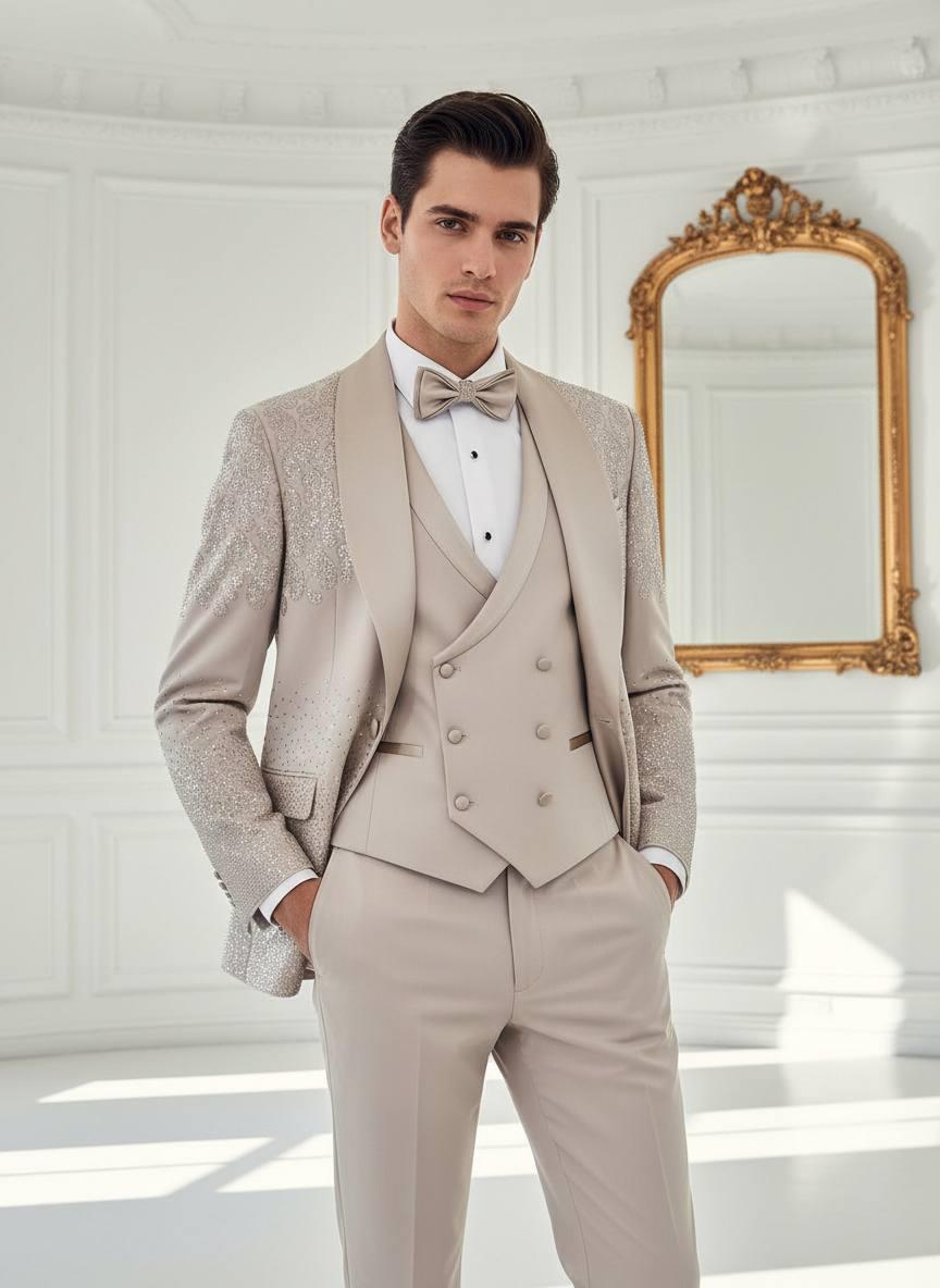 Damatlık İtalyan Kesim Slim Fit Taşlı Krem SD42214