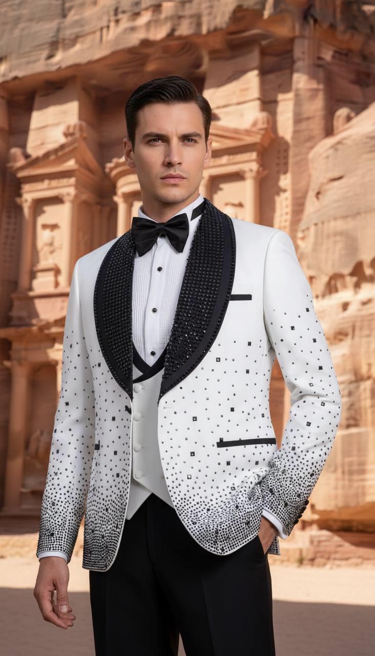 Damatlık İtalyan Kesim Slim Fit Taşlı Beyaz SD42211