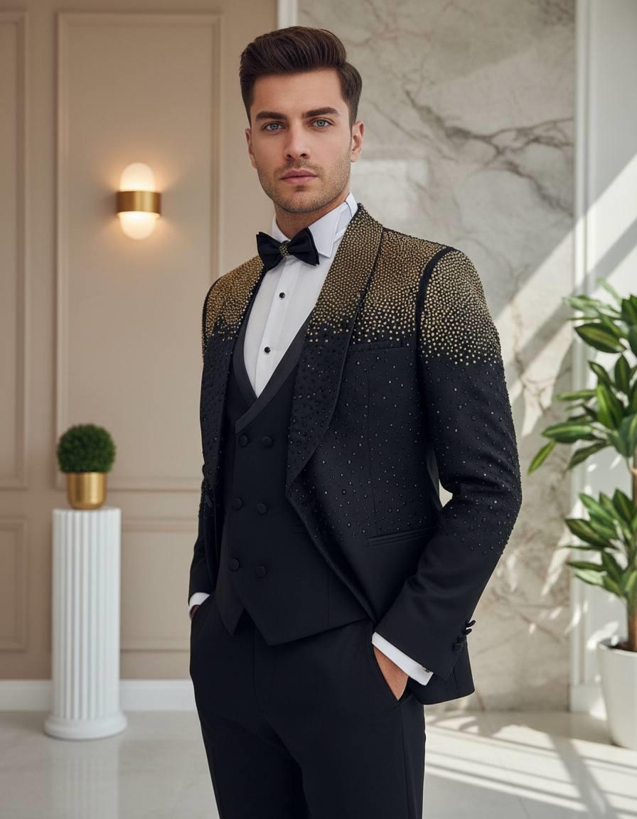 Damatlık İtalyan Kesim Slim Fit Taşlı Siyah SD42208