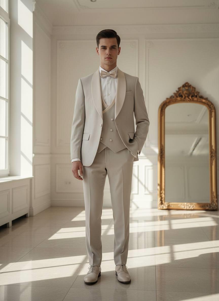 Damatlık İtalyan Kesim Slim Fit Yelekli Şal Yaka Krem SD42219