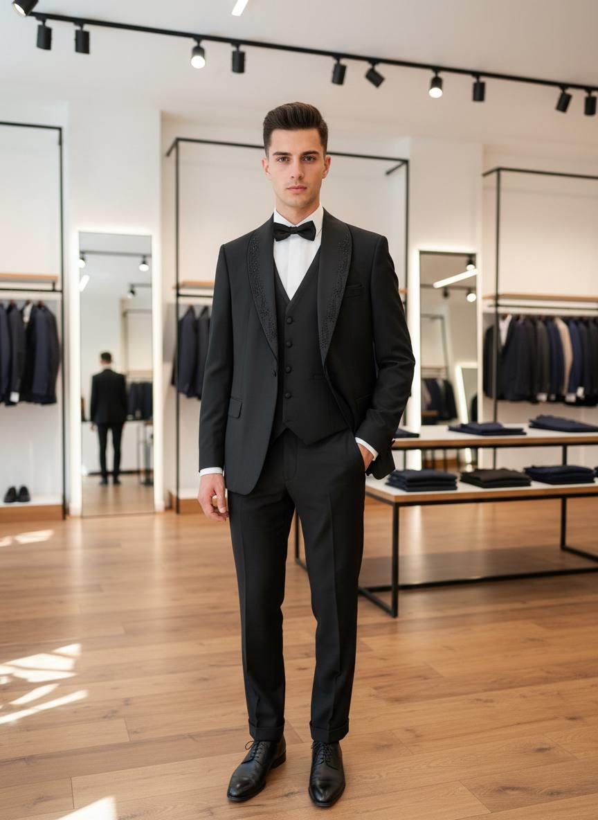 Damatlık İtalyan Kesim Slim Fit Yelekli Yaka Taşlı Siyah SD42221
