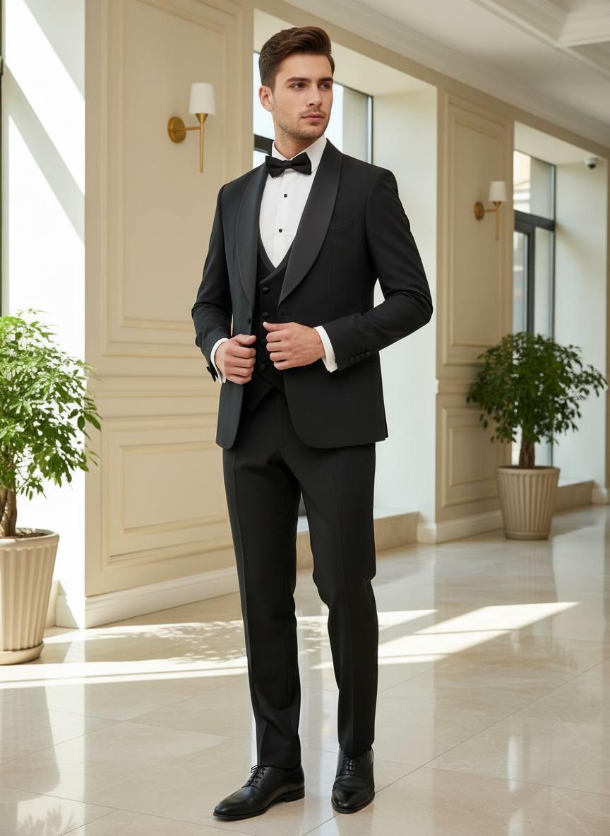Damatlık İtalyan Kesim Slim Fit Yelekli Şal Yaka Siyah SD42220