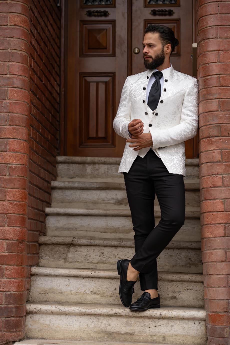 Damatlık Smokin Desenli İtalyan Kesim Slim Fit Beyaz SD3466