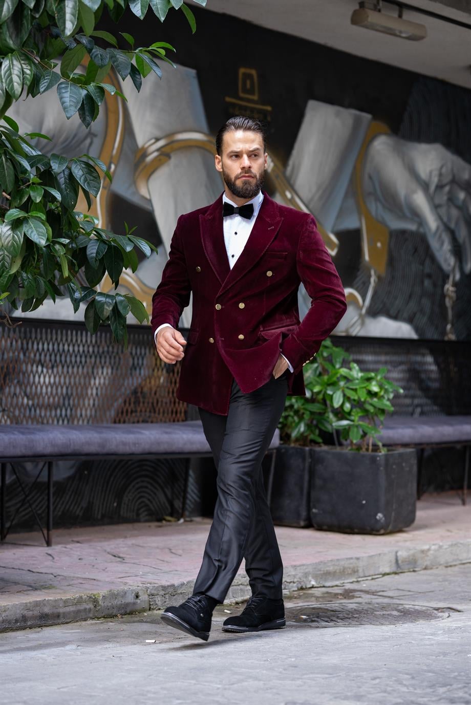 Damatlık Smokin Kadife İtalyan Kesim Slim Fit Bordo SD3462