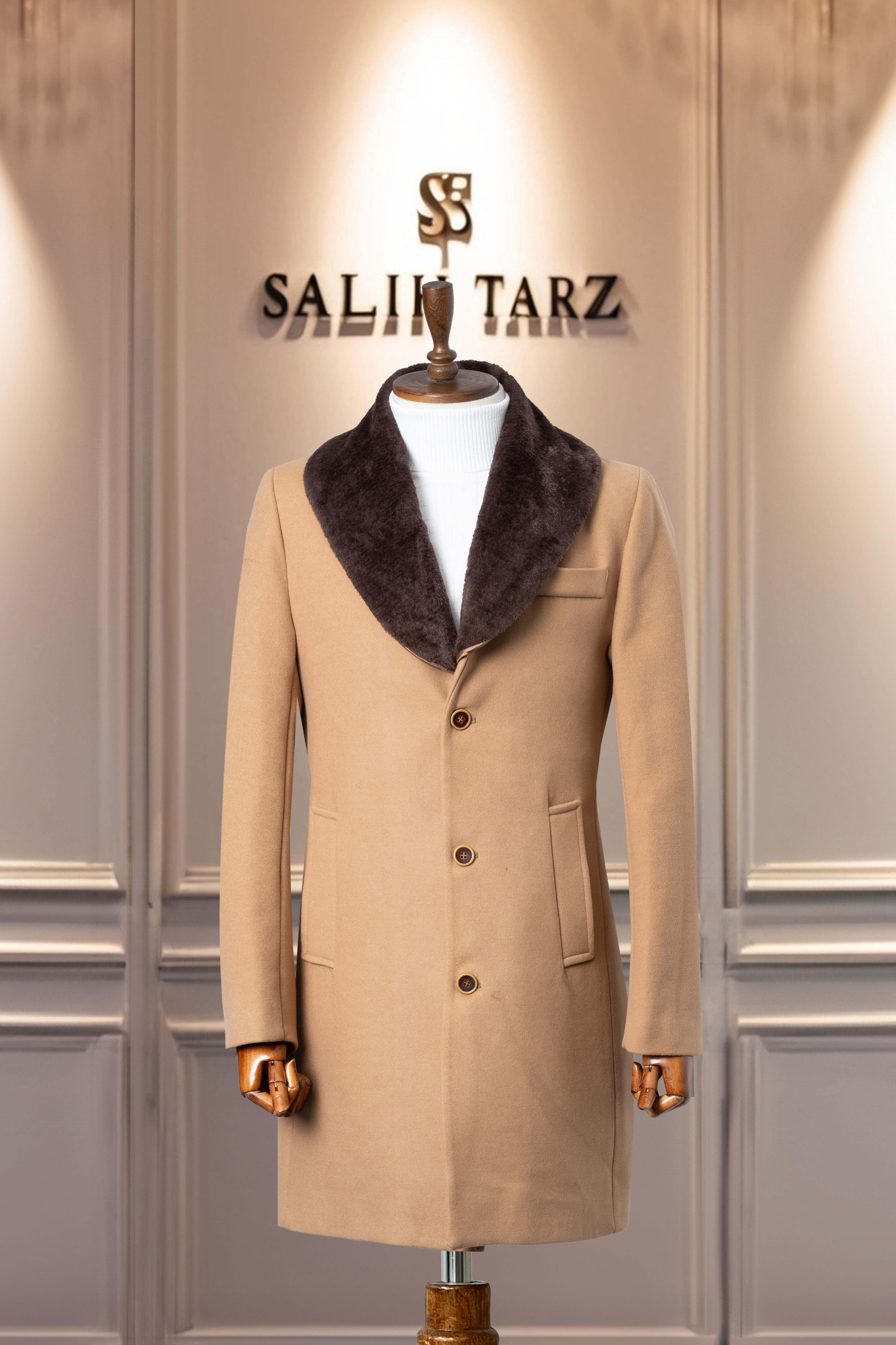 Erkek Kaşe Kaban Kaşmir Camel Kürklü SD41083