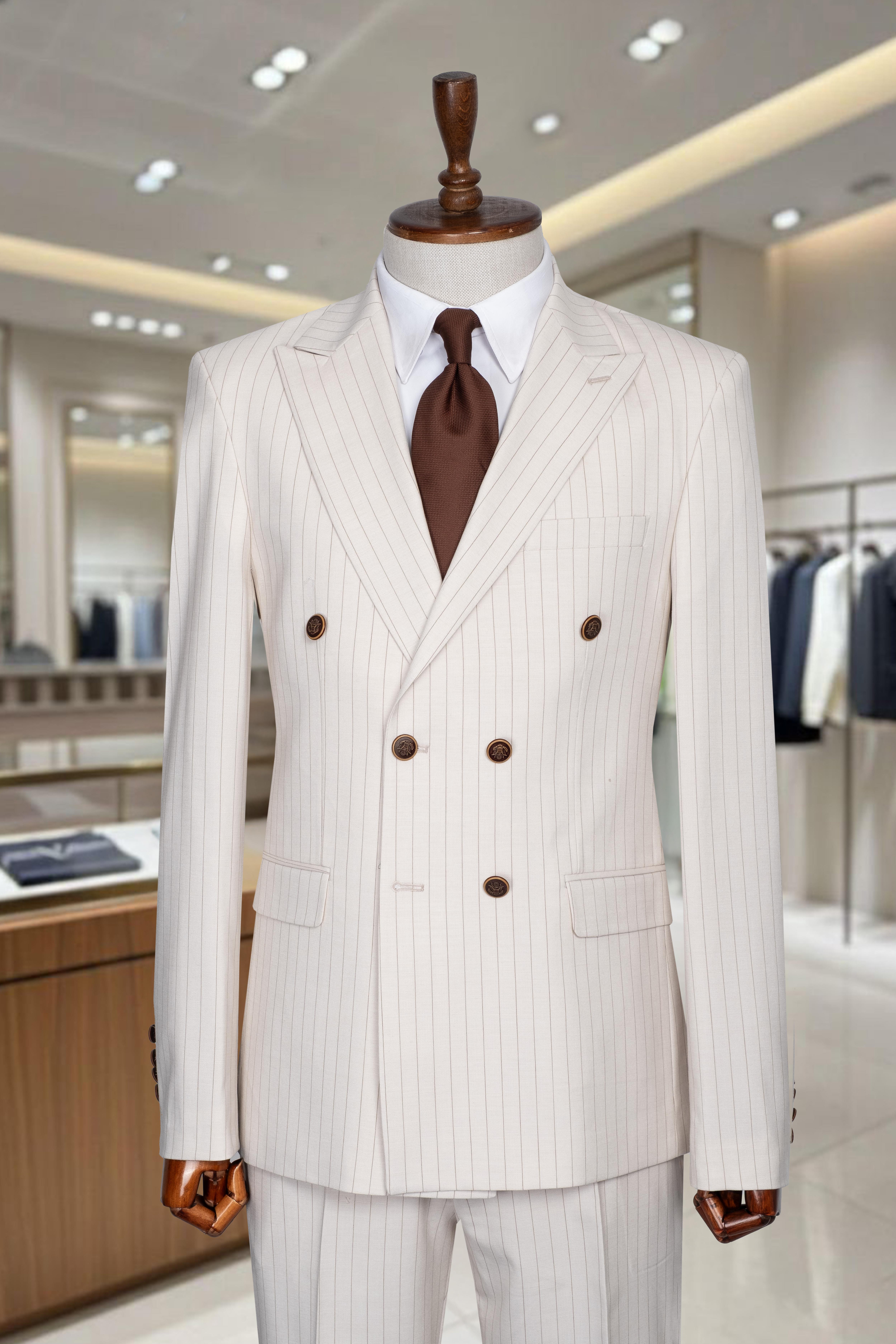 İtalyan Kesim Slim Fit Çizgili Bej Kruvaze Takım Elbise – SD42299