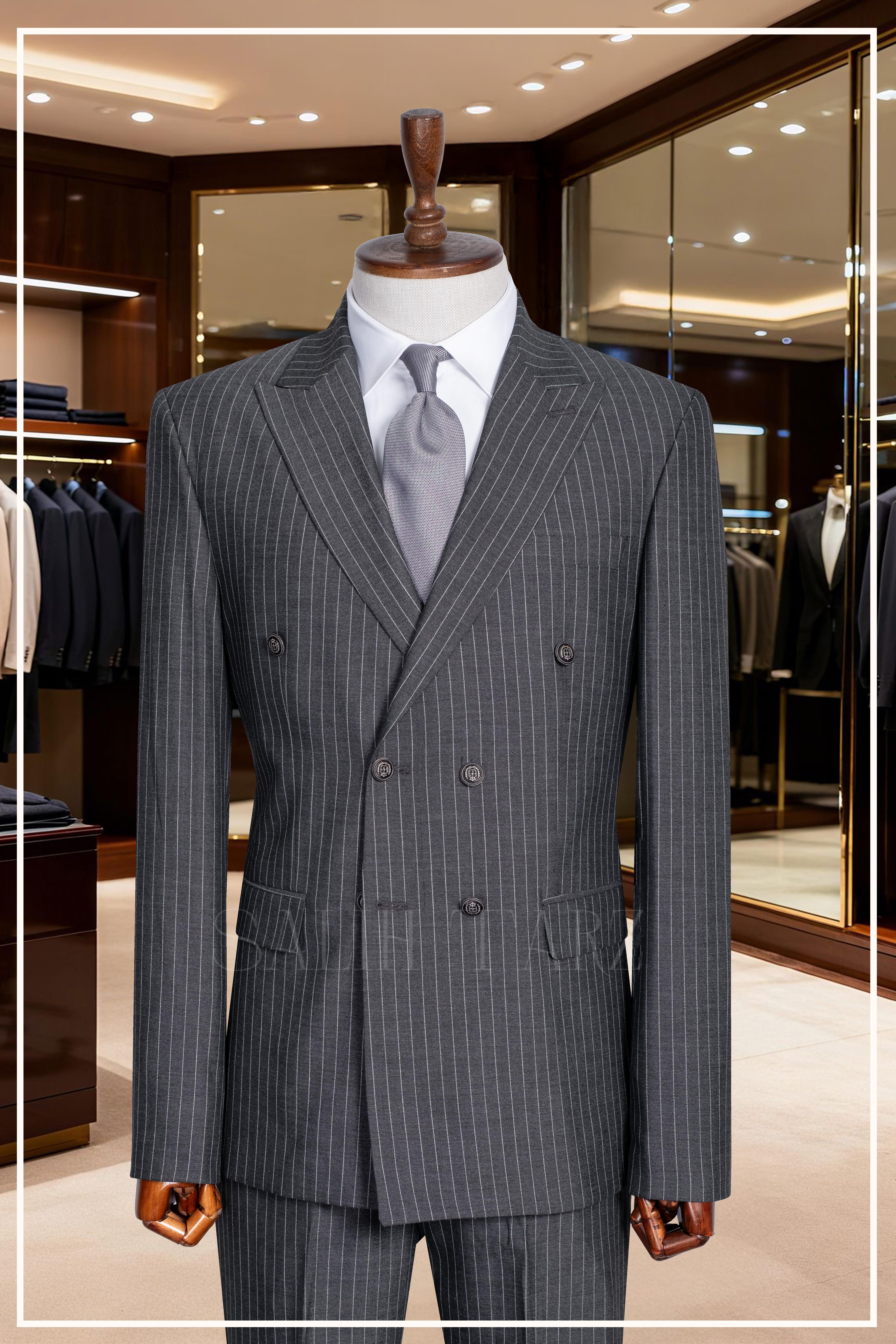İtalyan Kesim Slim Fit Çizgili Füme Kruvaze Takım Elbise – SD42344