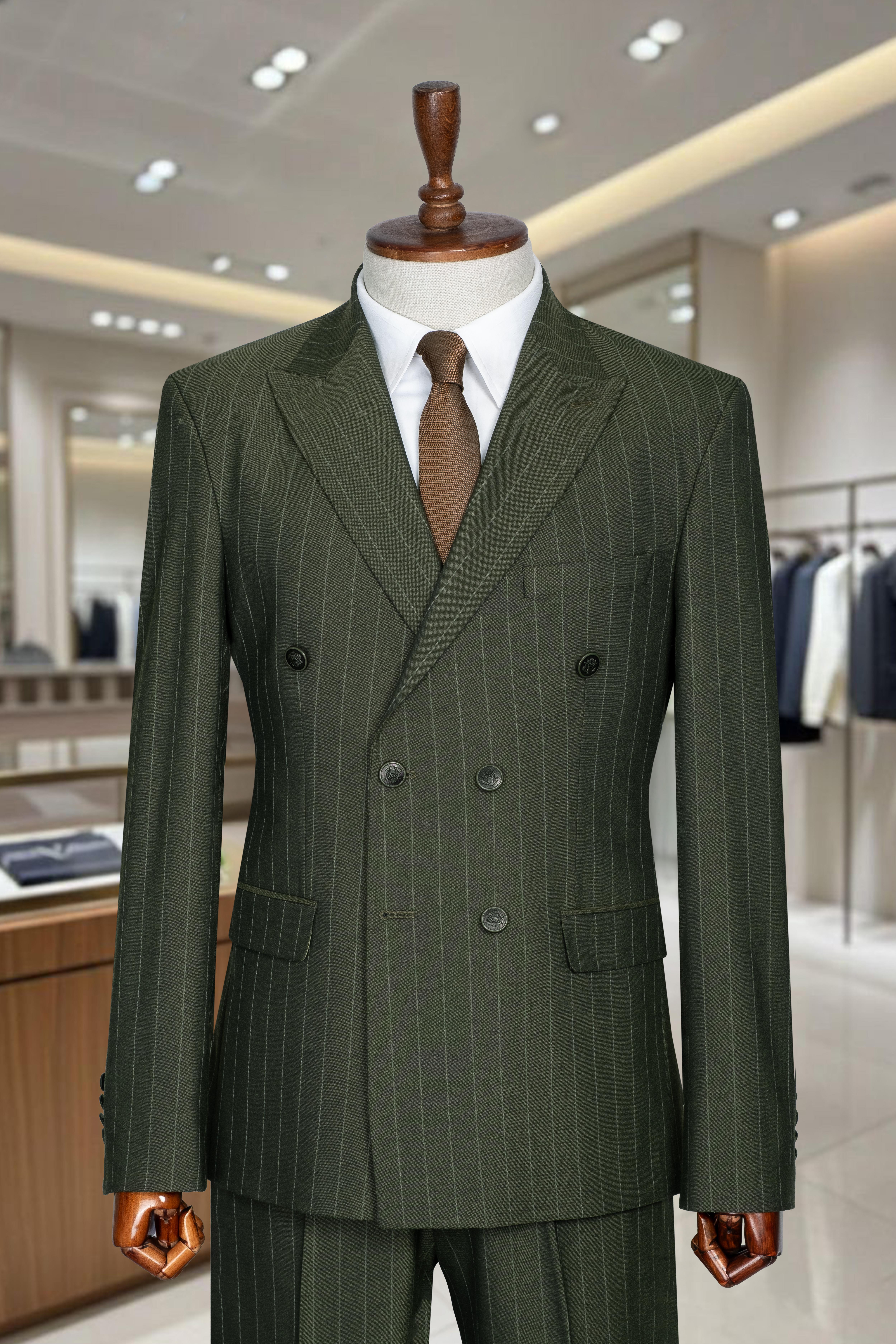 İtalyan Kesim Slim Fit Çizgili Haki Yeşil Kruvaze Takım Elbise – SD42304