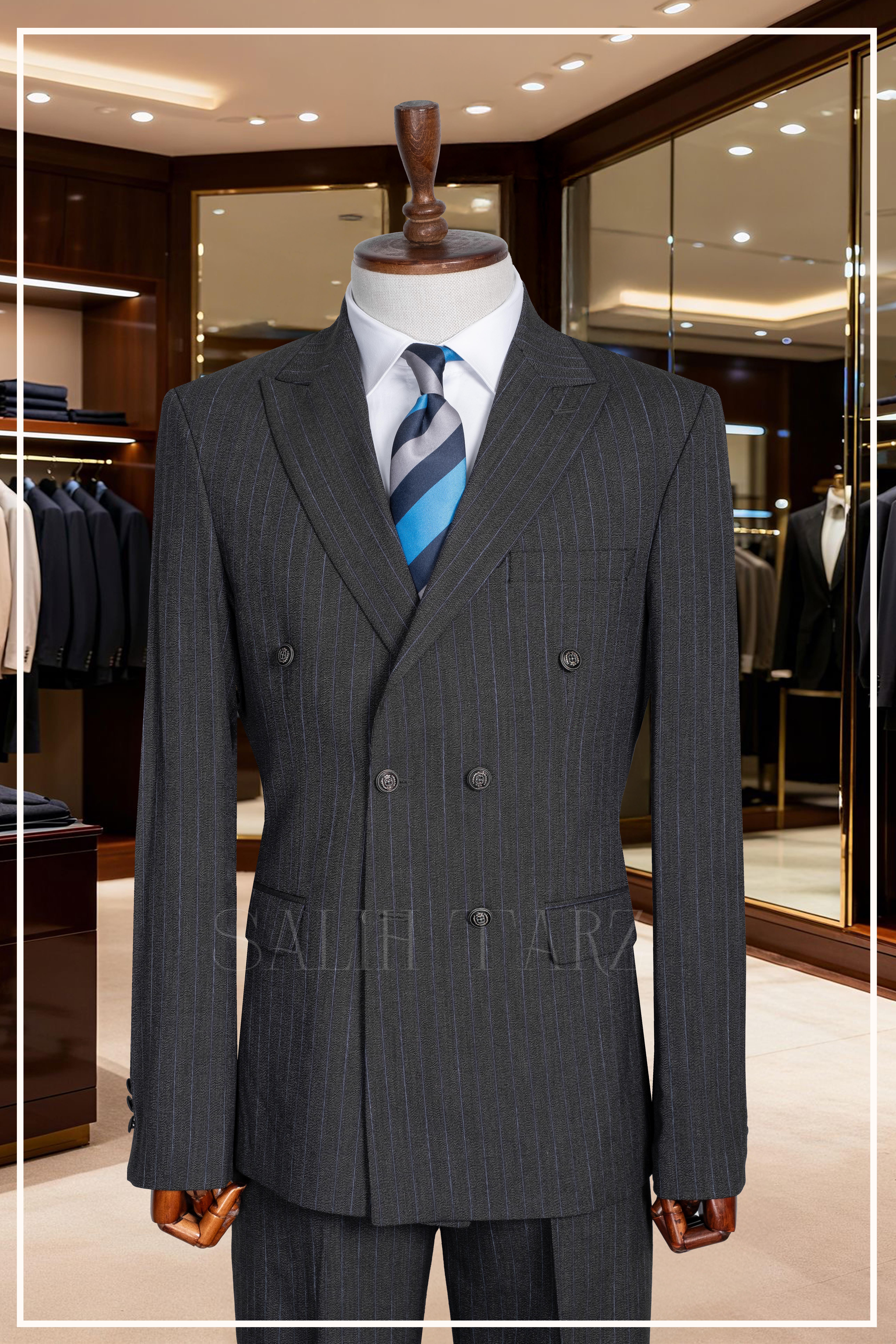 İtalyan Kesim Slim Fit Çizgili Laci Kruvaze Takım Elbise – SD42345