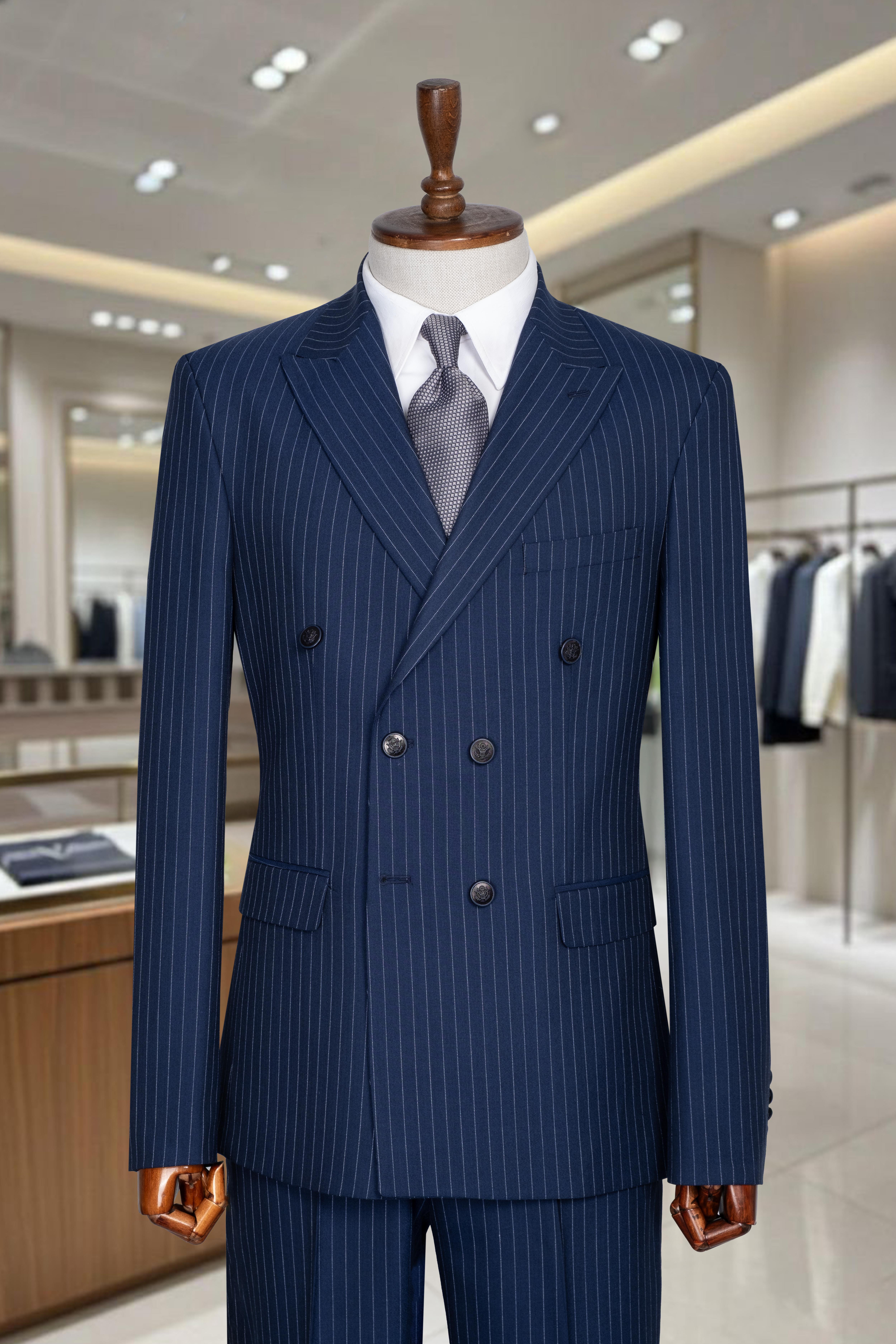 İtalyan Kesim Slim Fit Çizgili Lacivert Kruvaze Takım Elbise – SD42307