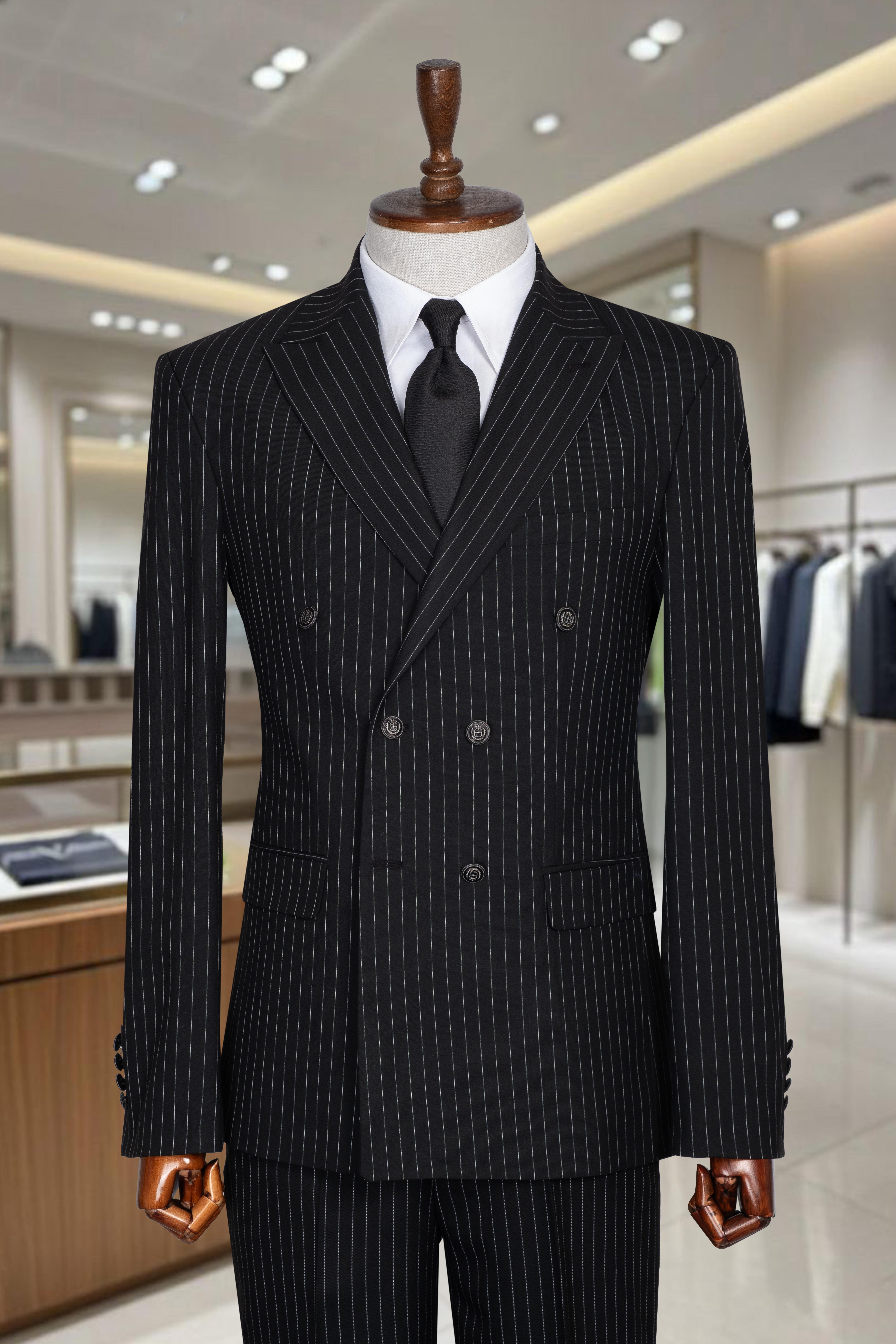 İtalyan Kesim Slim Fit Çizgili Siyah Kruvaze Takım Elbise – SD42308