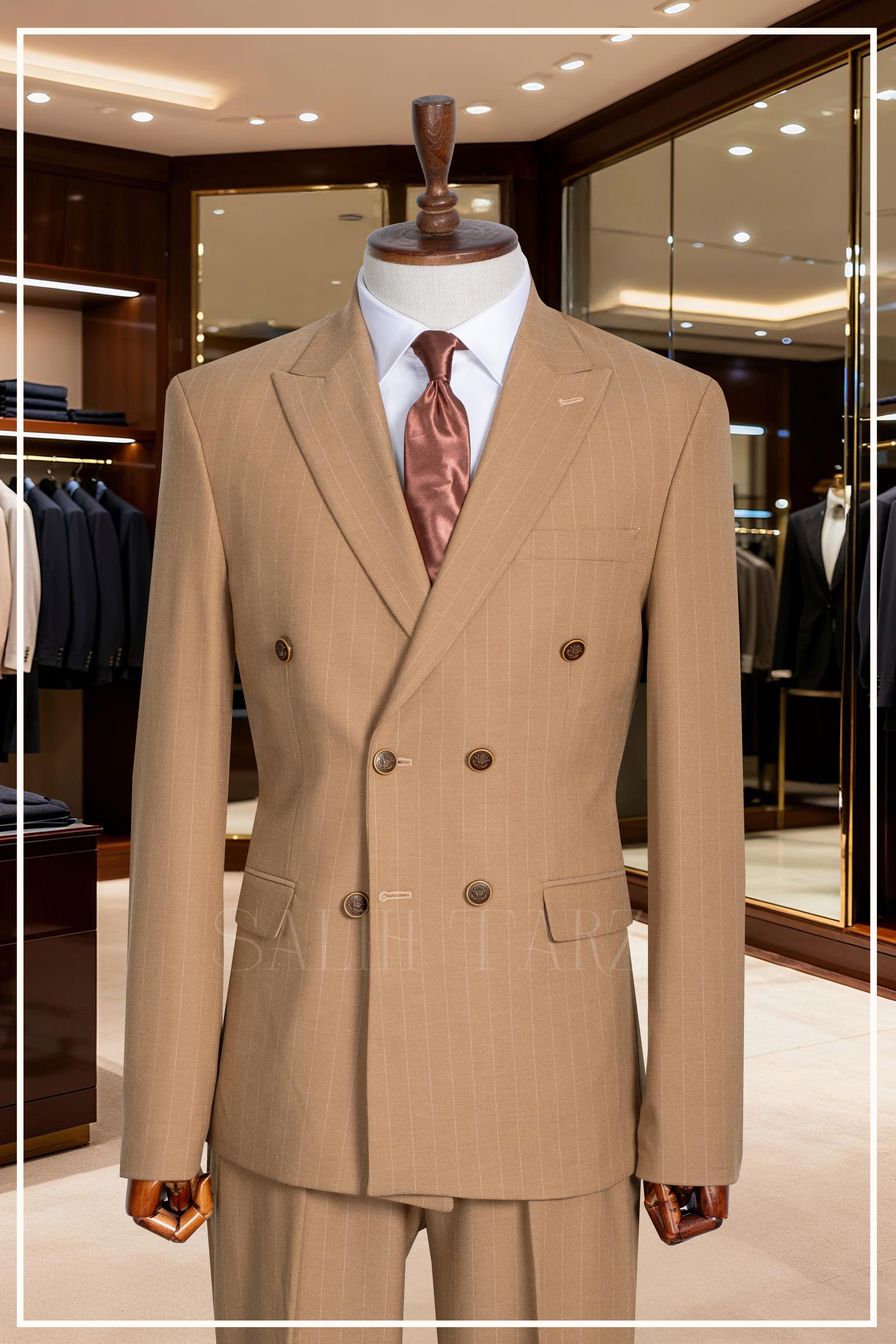 İtalyan Kesim Slim Fit Çizgili Vizon Kruvaze Takım Elbise – SD42343