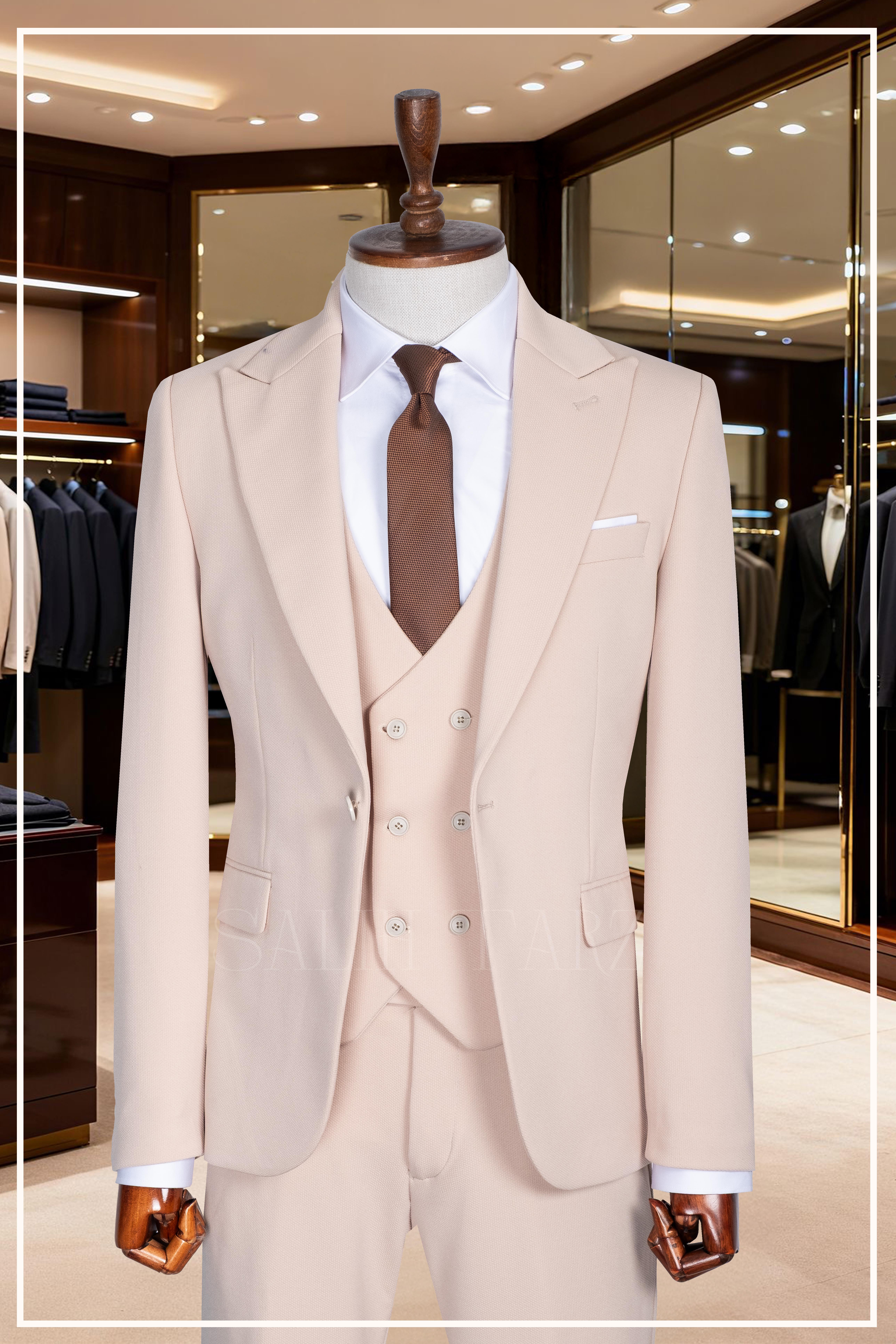İtalyan Kesim Slim Fit Krem Yelekli Takım Elbise SD42353