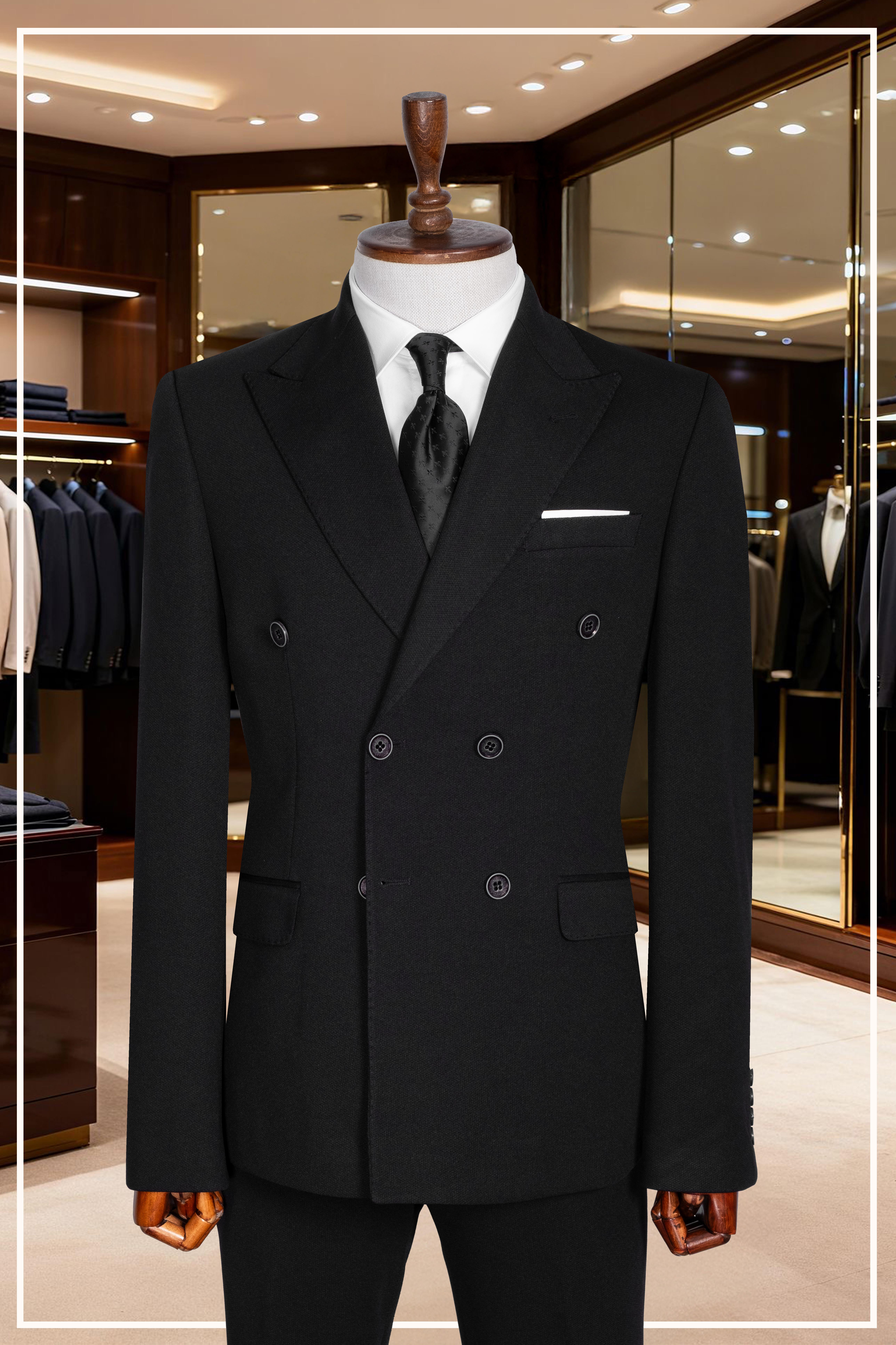 İtalyan Kesim Slim Fit Siyah Kruvaze Takım Elbise | Yaka Puntolu Özel Tasarım SD42338