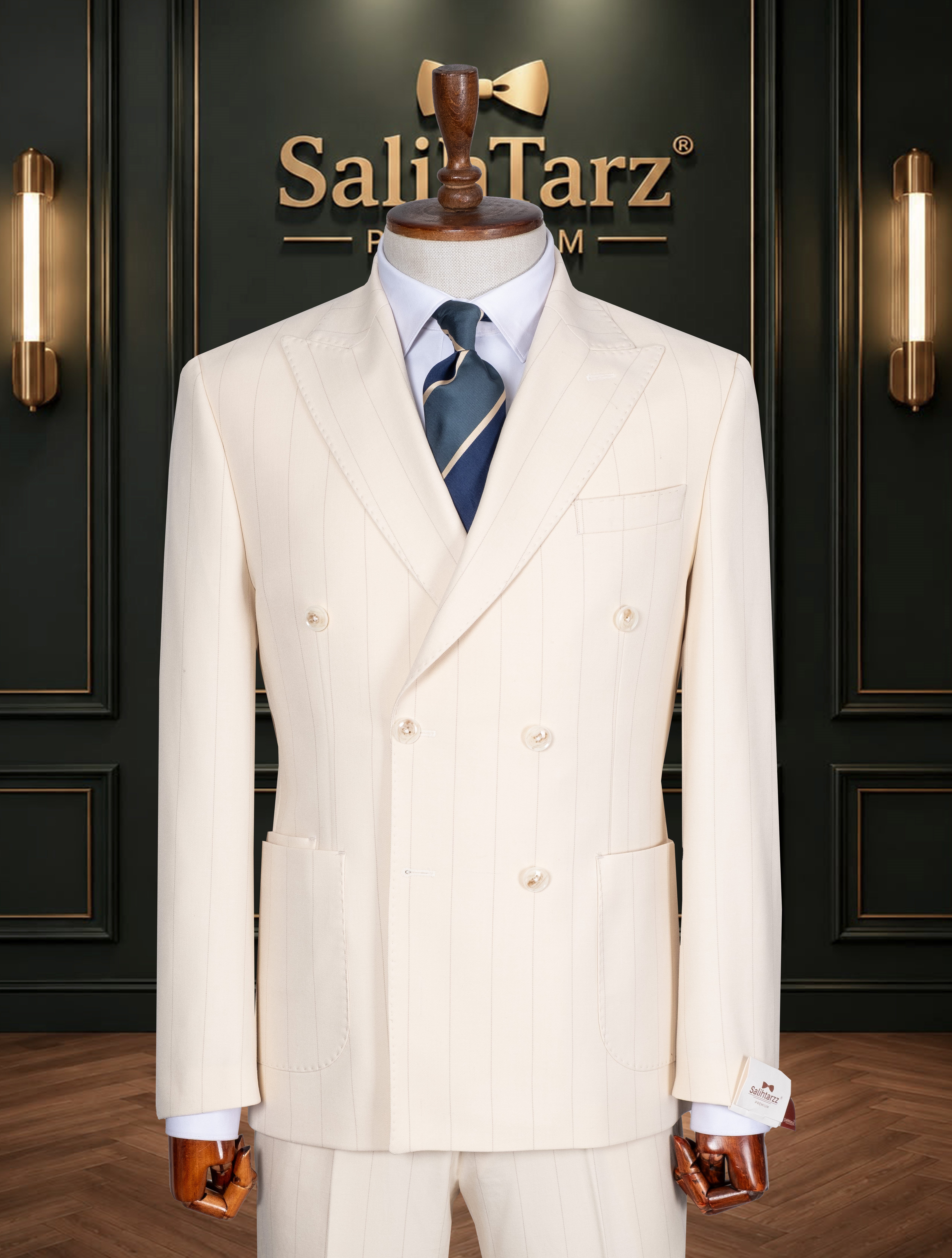 Krem Çizgili Premium Kruvaze Torba Takım Elbise SD42471