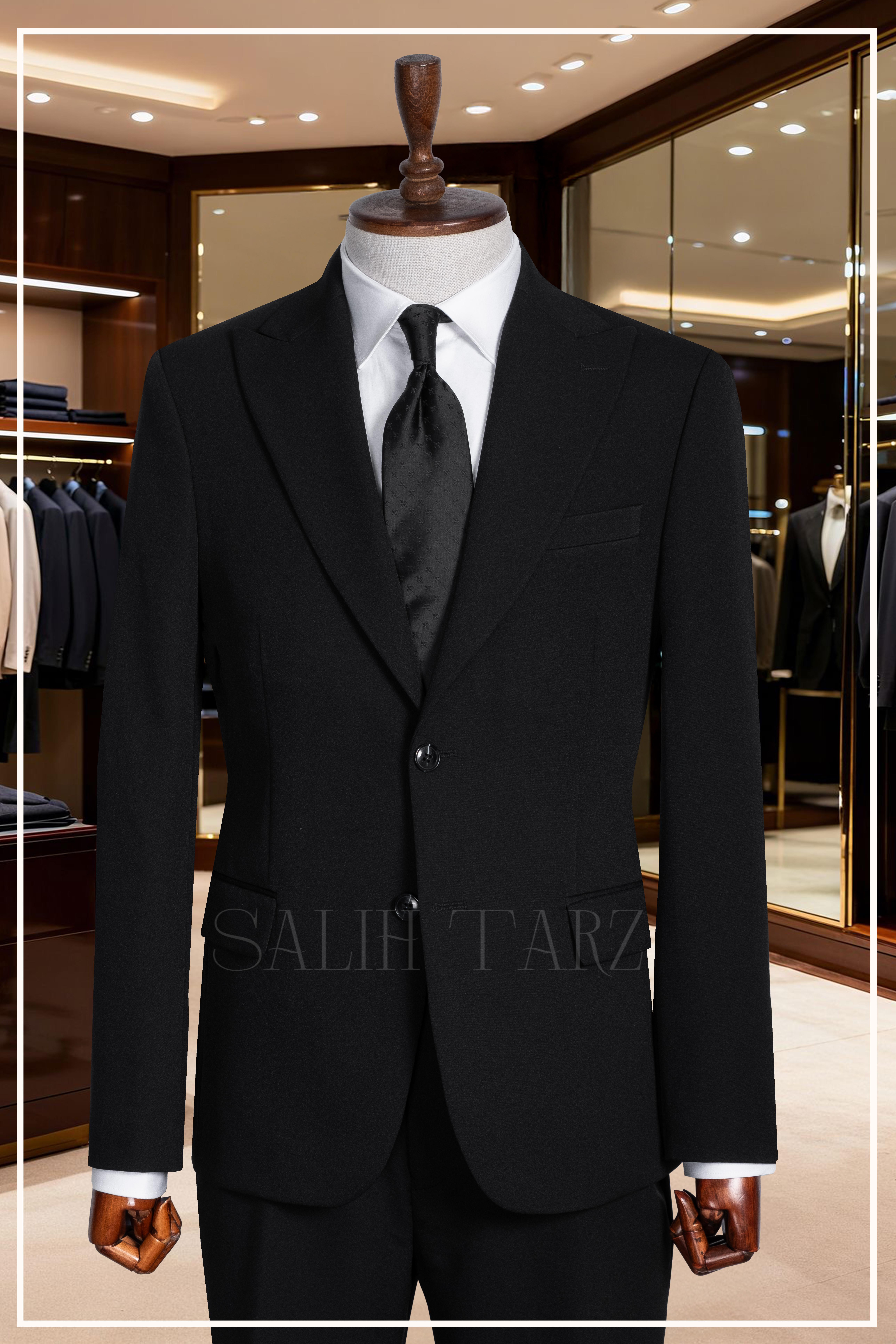 Siyah Slim Fit Mono Yaka Kapaklı Cepli Erkek Takım Elbise SD42334