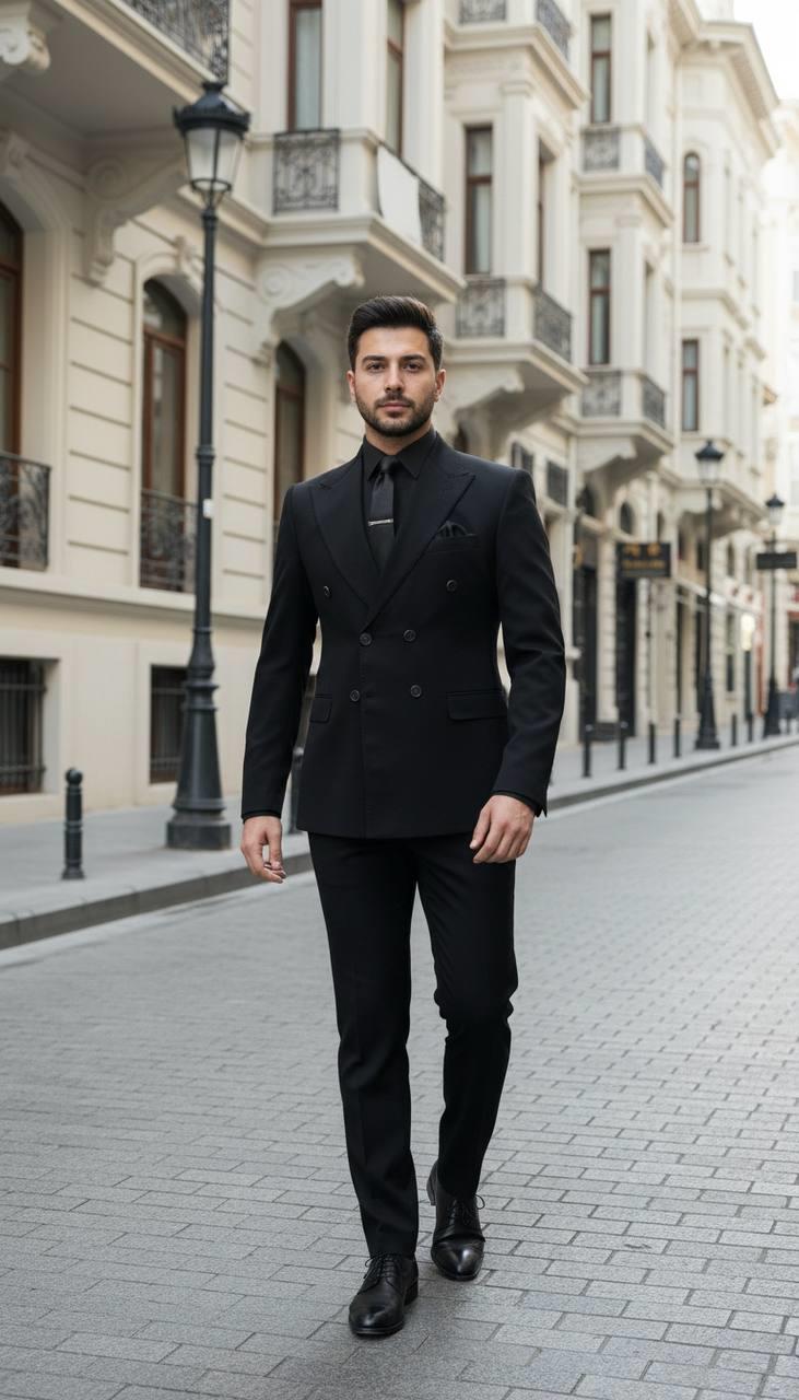Slim Fit İtalyan Kesim Siyah Kruvaze Erkek Takım Elbise (Premium) – SD42321