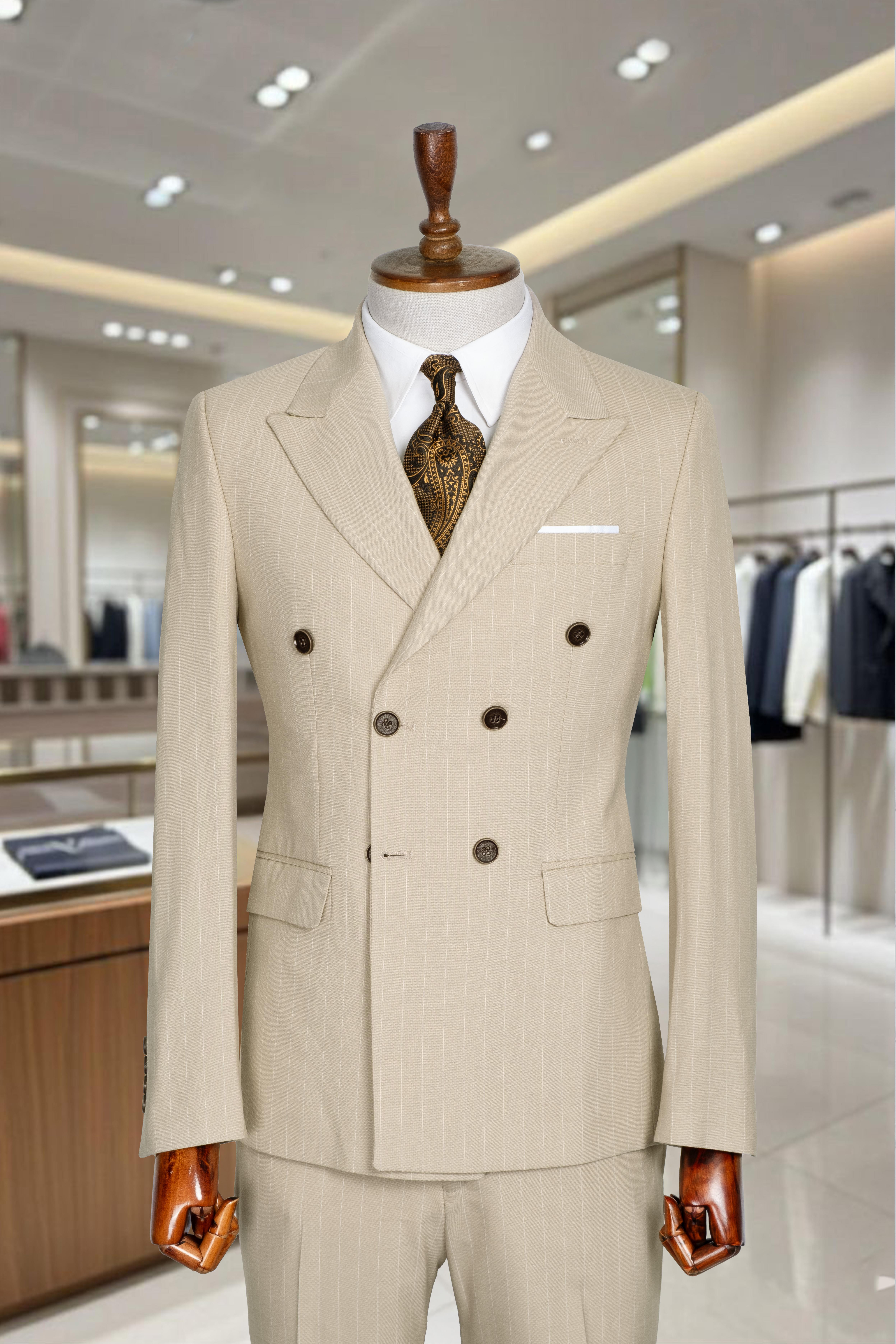 Takım Elbise Çizgili Kruvaze SlimFit Krem SD42282