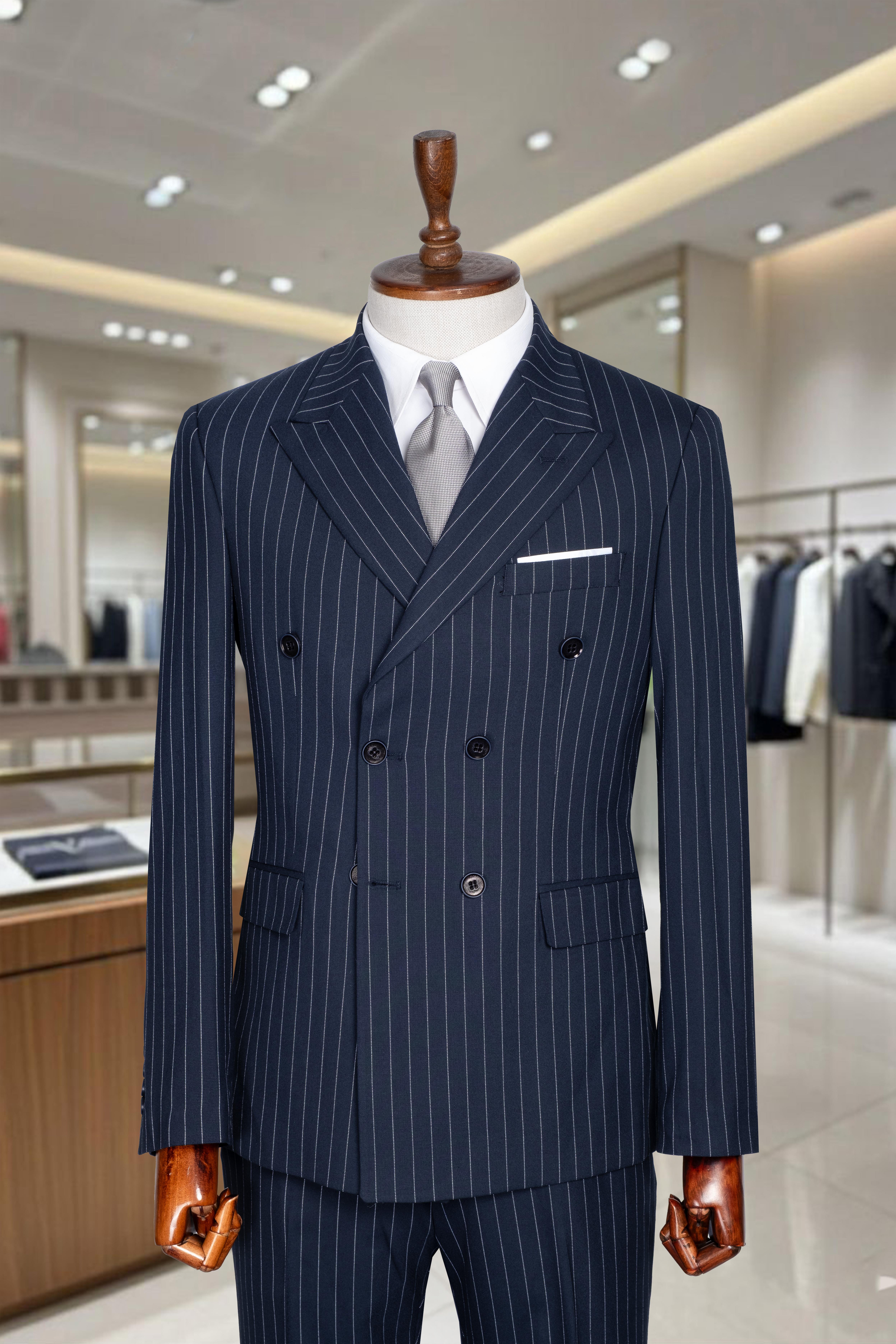 Takım Elbise Çizgili Kruvaze SlimFit Lacivert SD42279