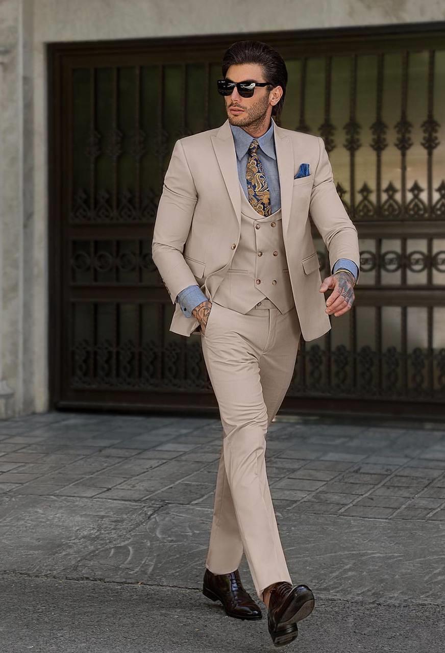 Takım Elbise İtalyan Kesim Yelekli Krem SD41027