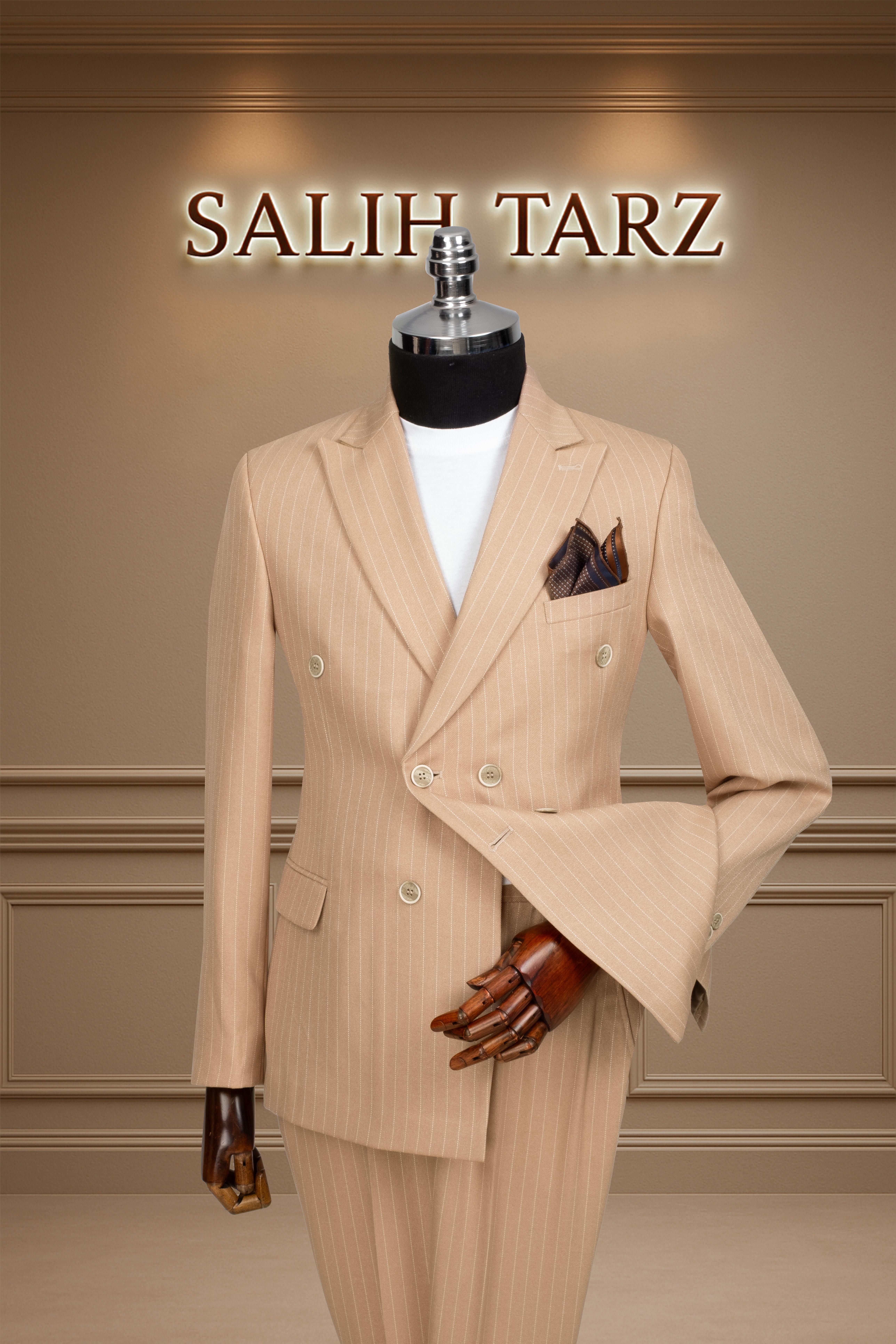 Takım Elbise Kruvaze SlimFit Krem Çizgili SD42178
