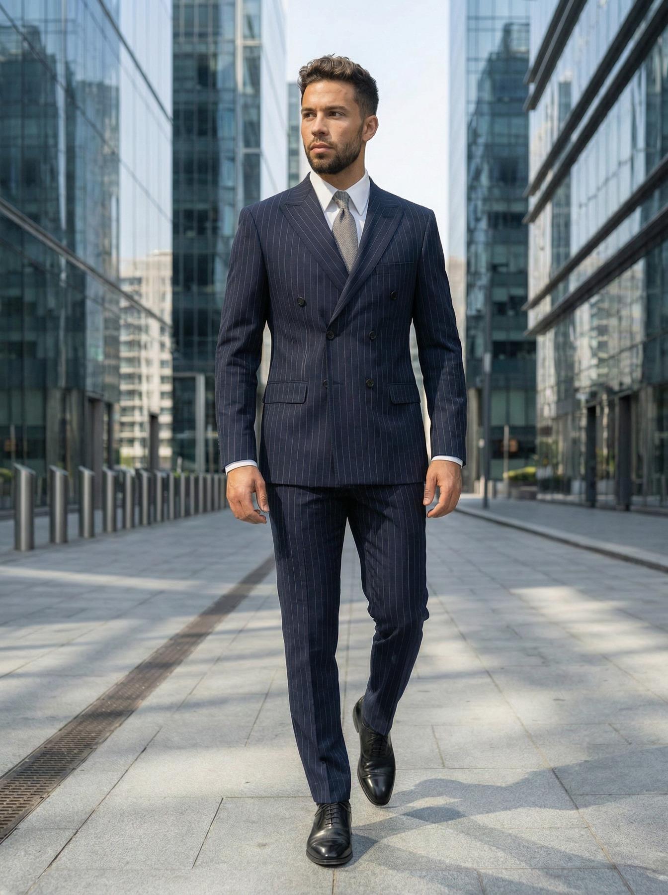 Takım Elbise SlimFit Lacivert Çizgili Kruvaze Premium SD42372