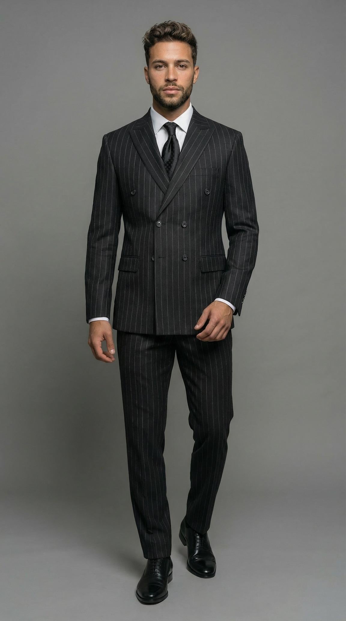 Takım Elbise SlimFit Siyah Çizgili Kruvaze Premium SD42374
