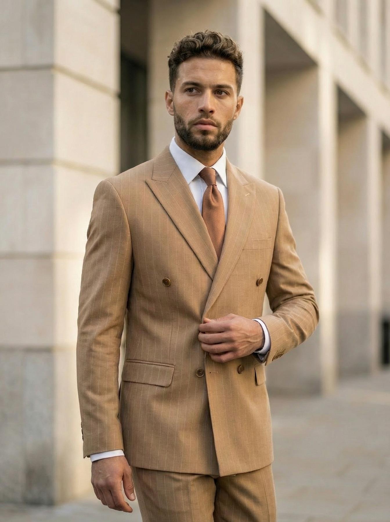 Takım Elbise SlimFit Taba Çizgili Kruvaze Premium SD42375