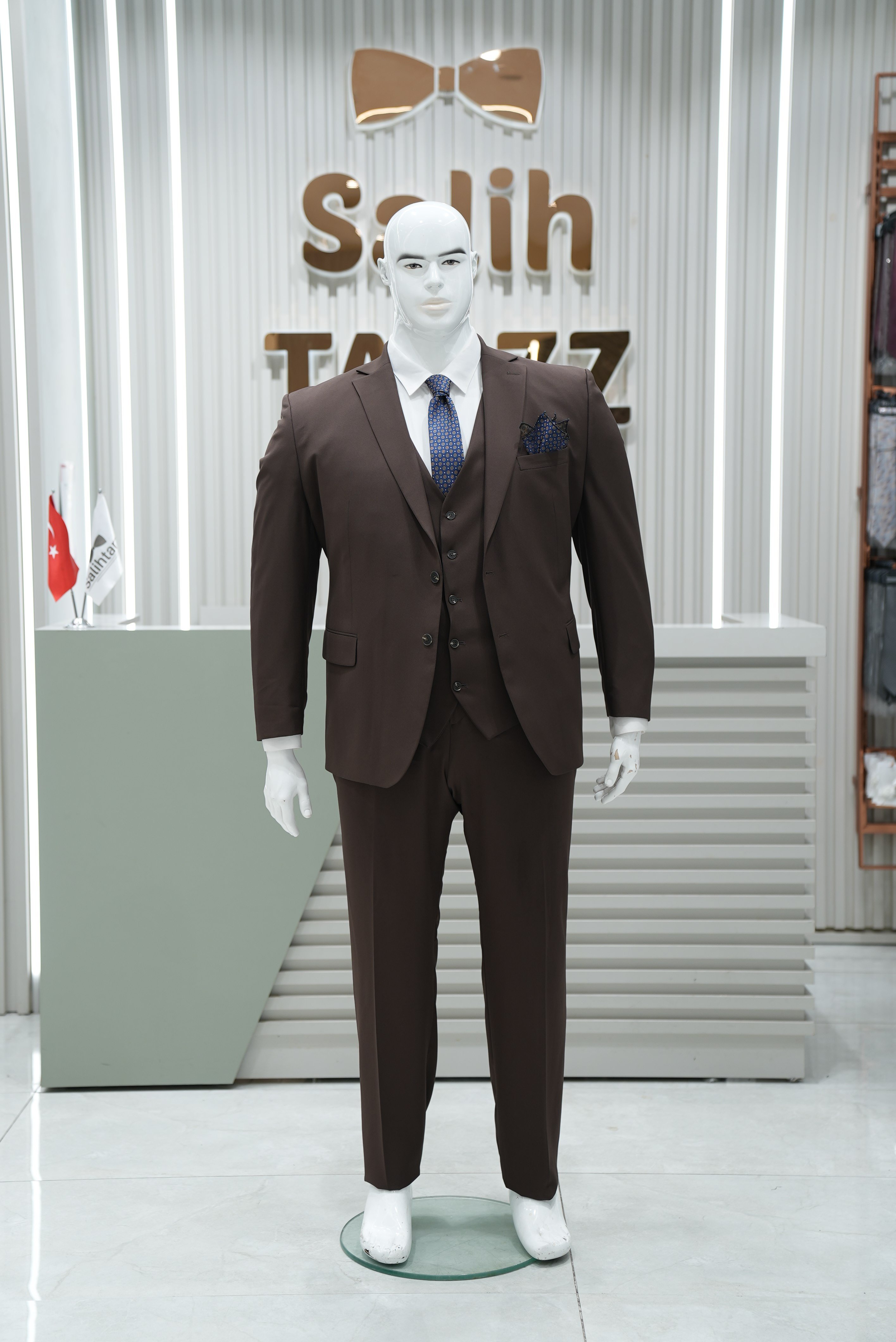 Takım Elbise Yelekli Battal Büyük Beden Kahve SD42429