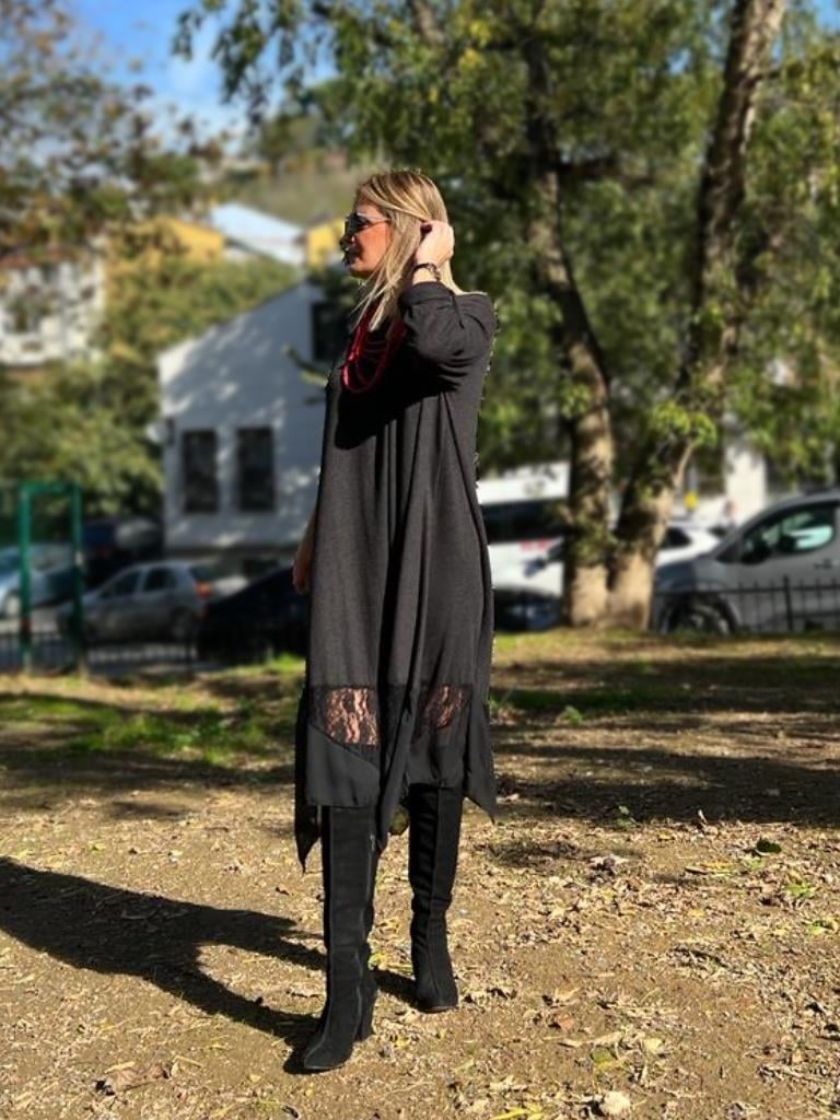 Asimetrik Dantel Detaylı Salaş Elbise