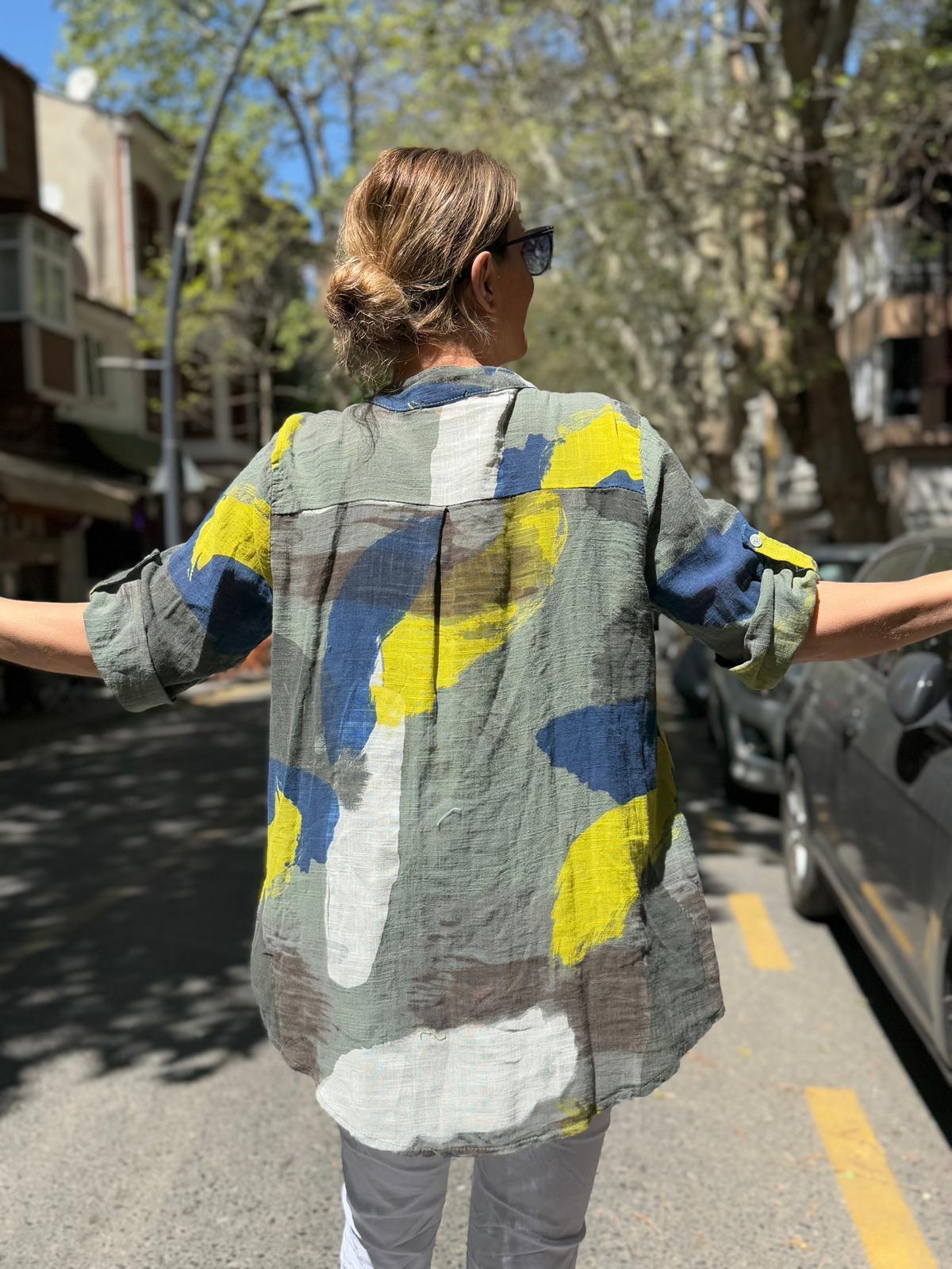 Haki Fırça Desen Gömlek