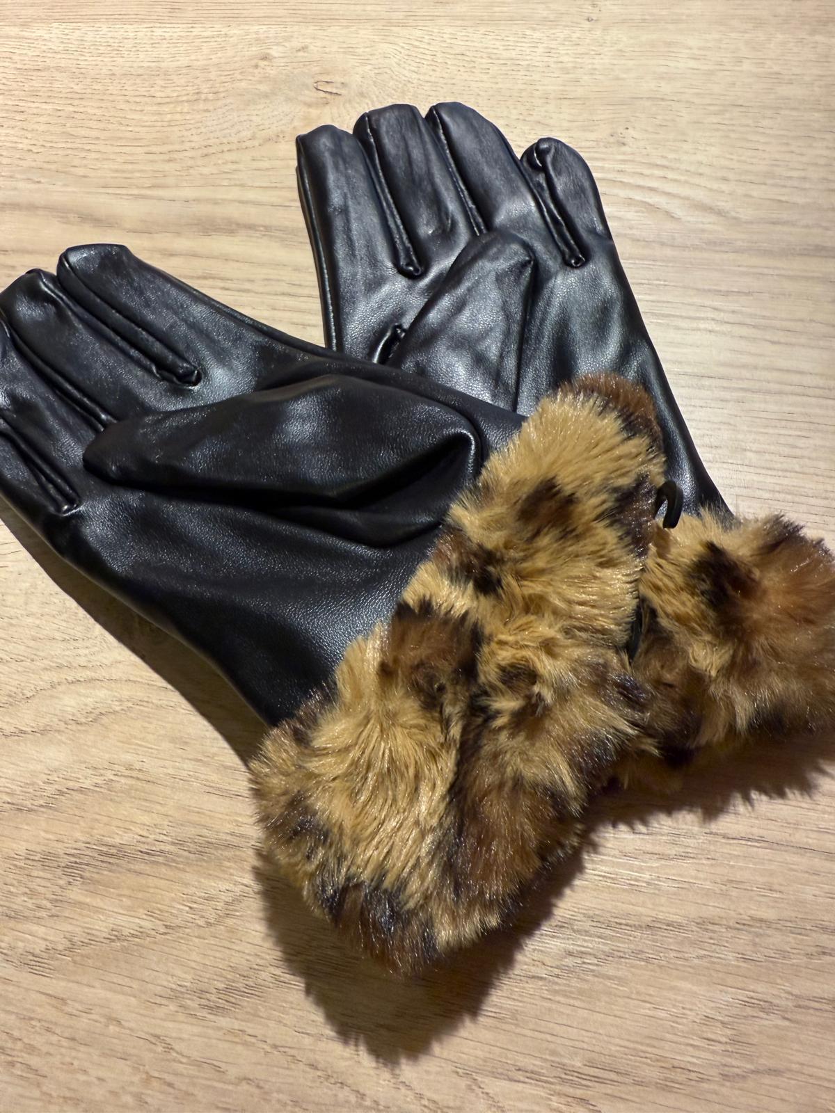 Leopar Kürklü Deri Eldiven