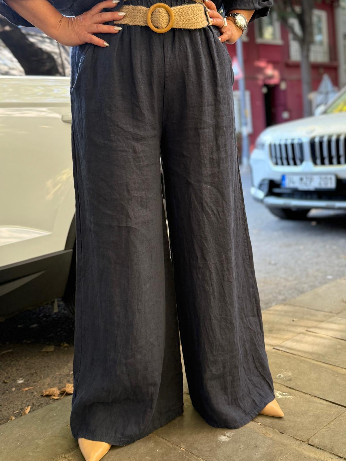 İthal Hasır Kemerli Keten Pantolon Gömlek Takım