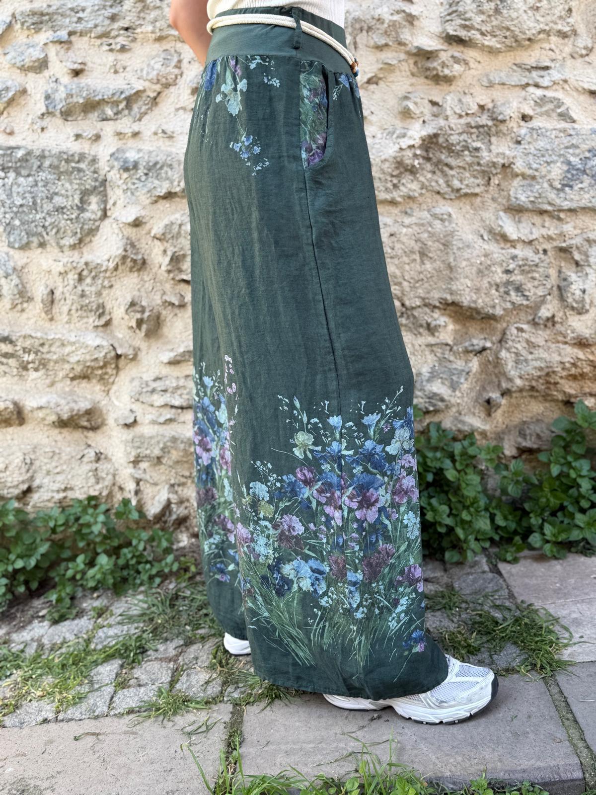 İthal Çiçekli Keten Pantolon