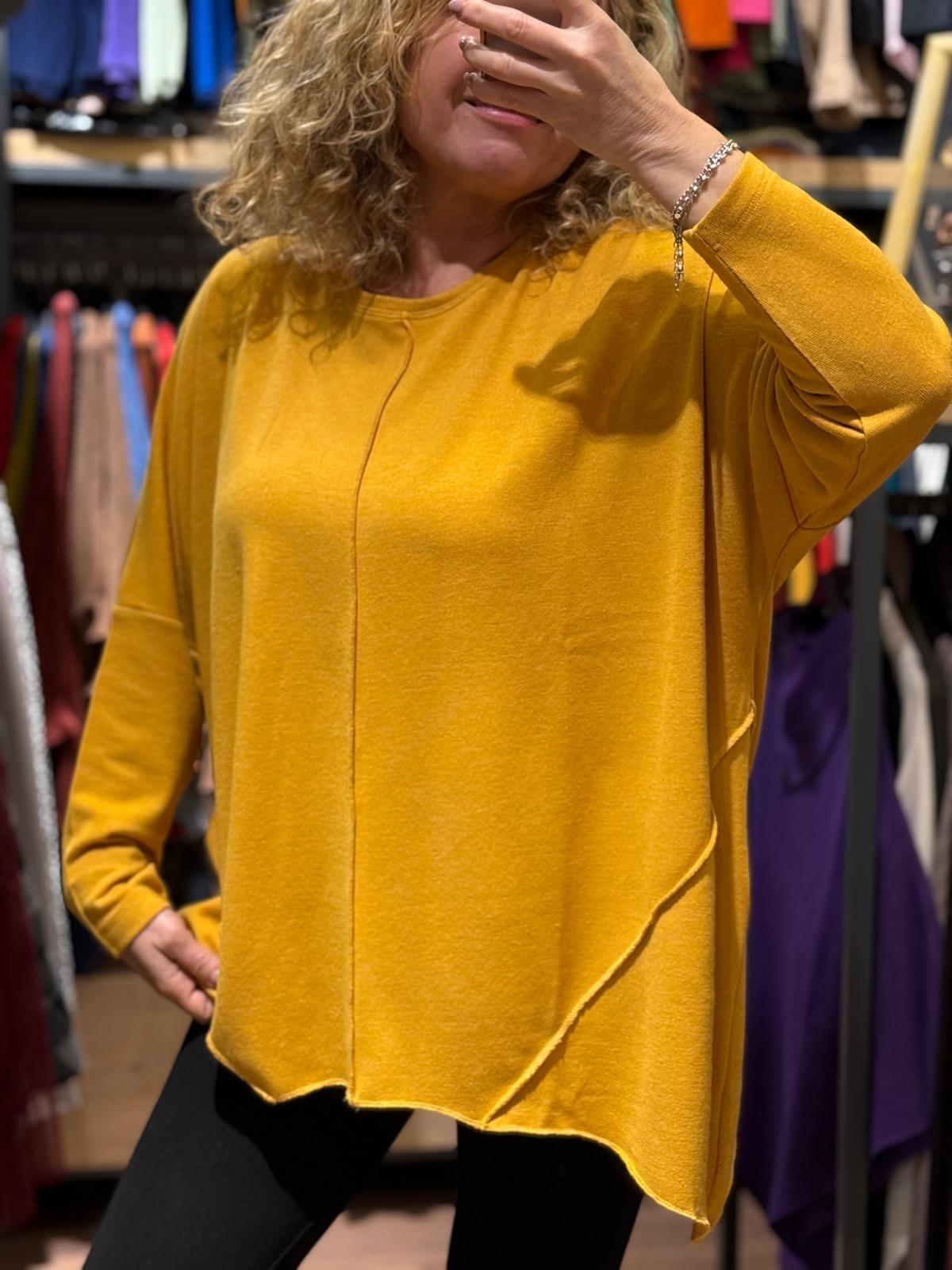 Hardal Ters Dikişli Oversize Simli Organik Bluz