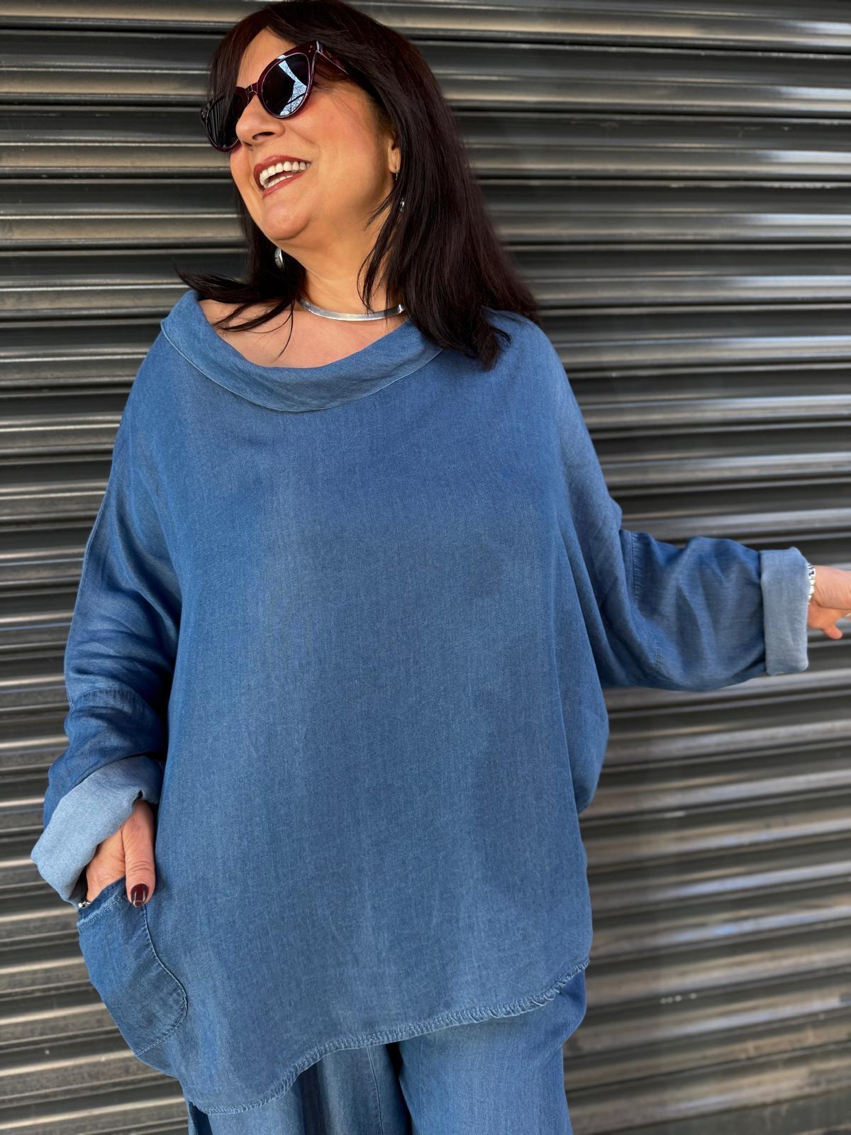 İthal Tensel Oversize Degaje Kot Bluz