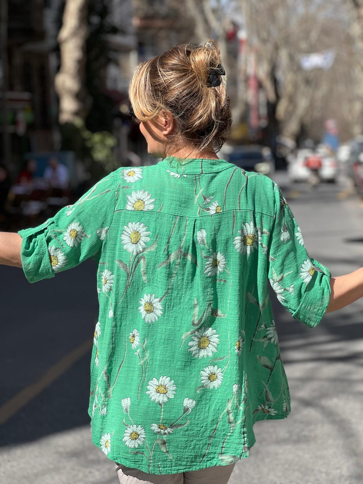Yeşil İthal Papatya Desen Gömlek